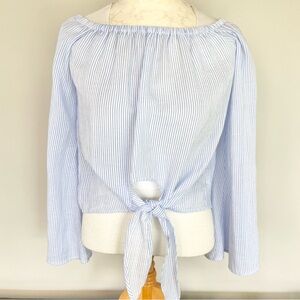L'academie Blue White Pinstripe Off Shoulder Top Cropped Front Tie Size Small